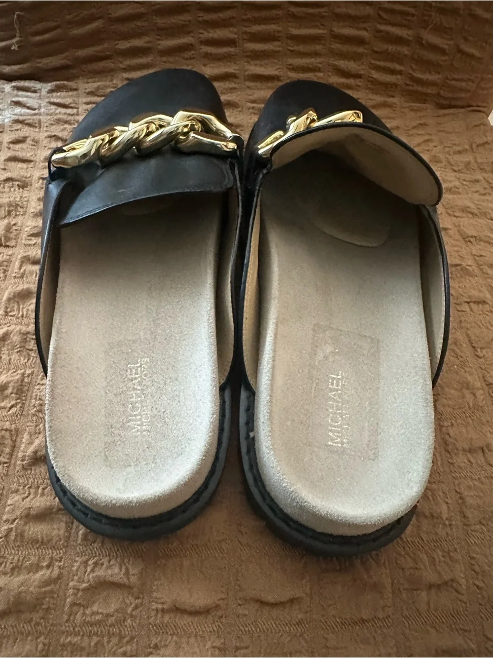 Michael Kors Black Leather Mules with Oversized Gold Chain
